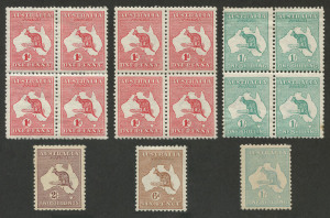 COMMONWEALTH OF AUSTRALIA: Kangaroos - Collections & Accumulations: Mint selection with First Wmk 1/-, 1d Die I & Die II blocks of 4 MLH, 1/- block of 4 (single tonespot, Cat. $1300), Third Wmk 1/- Die IIB WATERMARK INVERTED (Cat.$450), 6d Chestnut & 2/- Maroon, condition variable, total Cat. $2000+.