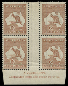 COMMONWEALTH OF AUSTRALIA: Kangaroos - Third Watermark: 6d Chestnut (Die IIB) Plate 4 (lower position) Mullett imprint (minor gum bends lower units) and Ash (N over A) imprint blocks of 4, fine MLH with lower units of each block MUH, BW:21(4)zb&zd, Cat. $