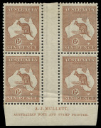 COMMONWEALTH OF AUSTRALIA: Kangaroos - Third Watermark: 6d Chestnut (Die IIB) Plate 4 (lower position) Mullett imprint (minor gum bends lower units) and Ash (N over A) imprint blocks of 4, fine MLH with lower units of each block MUH, BW:21(4)zb&zd, Cat. $