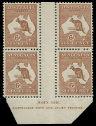 COMMONWEALTH OF AUSTRALIA: Kangaroos - Third Watermark: 6d Chestnut (Die IIB) Plate 4 (lower position) Mullett imprint (minor gum bends lower units) and Ash (N over A) imprint blocks of 4, fine MLH with lower units of each block MUH, BW:21(4)zb&zd, Cat. $ - 2