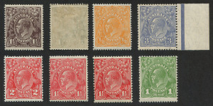 COMMONWEALTH OF AUSTRALIA: KGV Heads - Collections & Accumulations: WATERMARK INVERTED mint selection with LMult 1½d black-brown (2, one on Very Thin Paper), SMult Perf.14 ½d orange (MUH, Cat. $325), 1½d red MVLH, SMult Perf.13½x12½ 1½d red MUH, 2d red Di