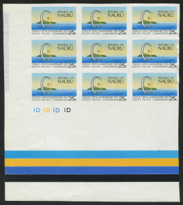 NAURU: 1972 25c South Pacific Commission Anniversary Imperforate colour separation proof set of seven in corner blocks of 9 on gummed, unwatermarked paper with colour bars at base, a few with partial Format International Security Printers imprints at lef