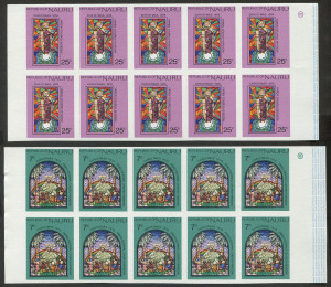 NAURU: 1976 5c to 25c set in imperforate proof blocks of 10, plus imperforate colour separation proofs x8 for each value in blocks of 4; also 1980 & 1981 Bible Verses Christmas issues in matched imperforate se-tenant pairs; all on gummed unwatermarked pa