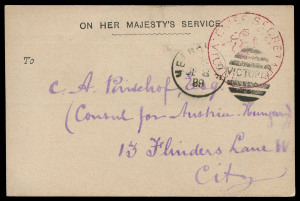 VICTORIA - Postal Stationery: Centennial International Exhibition postcards with "NOTICE OF MEETING" printed in red or in black, discernible Chief Secretary handstamps in red tied by 1888 or 1889 Melbourne duplex cancels, both addressed locally to the Consul for Austria-Hungary. Lovely items.