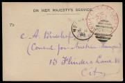 VICTORIA - Postal Stationery: Centennial International Exhibition postcards with "NOTICE OF MEETING" printed in red or in black, discernible Chief Secretary handstamps in red tied by 1888 or 1889 Melbourne duplex cancels, both addressed locally to the Co