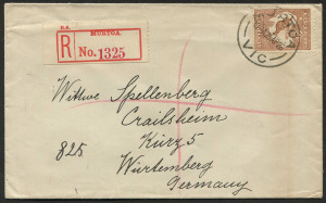COMMONWEALTH OF AUSTRALIA: Kangaroos - Third Watermark: April 1926 solo usage of 6d Chestnut Die IIB BW:21A on registered cover to Germany, the stamp tied by MURTOA (Vic) datestamp with red/white registration label alongside, Murtoa, Melbourne & Crailsheim (arrival) backstamps. Fine condition.