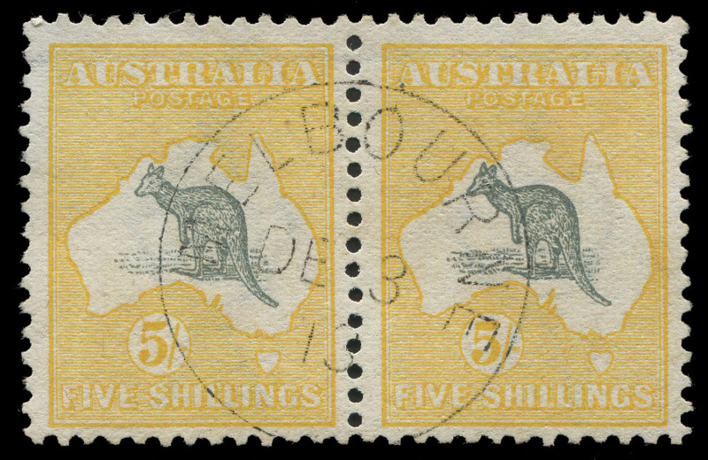 COMMONWEALTH OF AUSTRALIA: Kangaroos - First Watermark: 5/- Grey & Yellow horizontal pair with complete strike of "MELBOURNE/DE3/13" CTO datestamp, well centred, without gum, BW:42wb - $600+. Complete CTO strikes are rare.