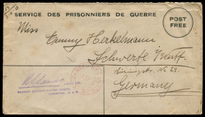 COMMONWEALTH OF AUSTRALIA: Postal Stationery: WORLD WAR I PRISONERS OF WAR POSTAL STATIONERY: Envelope with printed "POST/FREE" within a double circle and "SENDER'S NAME, COMPANY AND MESS" printed on flap Emery:PSPE.2, sent from Liverpool Camp to Germany 