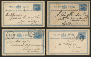 WESTERN AUSTRALIA - Postal Stationery: 1892-1901 usage of 1d Postal Cards (4), two used in 1893 or 1895 from Perth to Launceston with printed notices for The Commercial Bank of Australia (one with Launceston Code H arrival datestamp), the other two with plain backs 1892 Albany local use or 1901 Perth to Melbourne; also 1899 Fremantle local use of 1½d Card, plus 1906 use of PPC from Cottesloe to Exeter (SA) with Fremantle and Port Adelaide transit datestamps. (6 items)