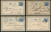 WESTERN AUSTRALIA - Postal Stationery: 1892-1901 usage of 1d Postal Cards (4), two used in 1893 or 1895 from Perth to Launceston with printed notices for The Commercial Bank of Australia (one with Launceston Code H arrival datestamp), the other two with