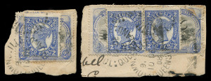 PAPUA: 1901-05 BNG 2½d pair and single on separate pieces, both overstamped with Queensland 2d Sideface pair or single and tied by unframed Townsville "10DEC/08" datestamps. Most ununusual.