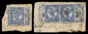 PAPUA: 1901-05 BNG 2&frac12;d pair and single on separate pieces, both overstamped with Queensland 2d Sideface pair or single and tied by unframed Townsville "10DEC/08" datestamps. Most ununusual.