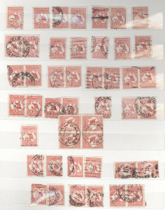 COMMONWEALTH OF AUSTRALIA: General & Miscellaneous: Accumulation in stockbook with Roos to 1/- with 1d (150+) including a few pairs & a block of 4, approximately 25% perforated 'OS', KGV Heads to 5d with 1d reds (150+), 1½d reds (230+) & 2d reds (350+), quite a few 'OS' or 'VG' perfins seen, variety and limited postmark potential, mixed condition. (1500+).