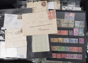 REST OF THE WORLD - General & Miscellaneous Lots: Balance of an estate with 1860s-1940s world collection in "Improved" album, NSW 1906 Parliament House cover to Berrima with 1d Shield perf 'OS/NSW' block of 4 tied by BN '1741' cancels, Victoria 1909 cover with 2d perf 'OS', 3d Numeral Stamp Duty corner block of 12, world stamps in envelopes including China, plus a few FDCs; also USA 1860s-70s 3c & 5c Fractional Currency banknotes, plus scads of Australia 1960s-70s letter rates decimals used; mi