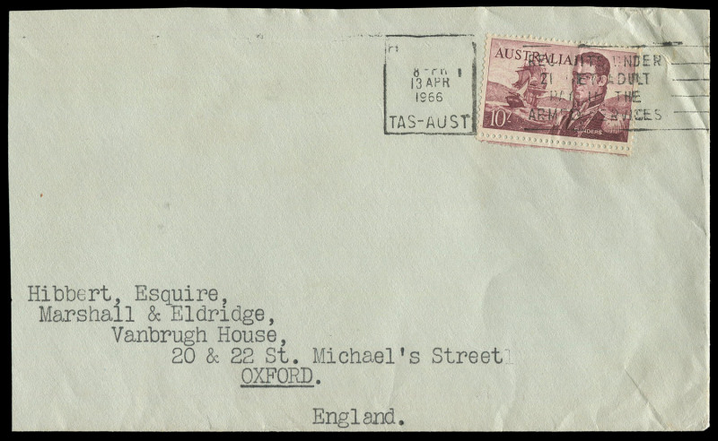 COMMONWEALTH OF AUSTRALIA: Other Pre-Decimals: 1964-1966 Navigators (SG.358) solo franking of 10/- Flinders on 1966 (April 13) cover to England, stamp tied by Hobart slogan cancel, cover reduced somewhat at left, Cat.$400 (as a solo franking).