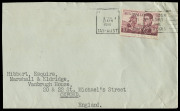COMMONWEALTH OF AUSTRALIA: Other Pre-Decimals: 1964-1966 Navigators (SG.358) solo franking of 10/- Flinders on 1966 (April 13) cover to England, stamp tied by Hobart slogan cancel, cover reduced somewhat at left, Cat.$400 (as a solo franking).