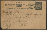 FIJI - Postal History: 1896 (July 22) use of 1d Postal Card to Italy with 'LEVUKA/25/JLY/96' tying the card, on the reverse 'KAISERLICH DEUTSCHES KONSULAT/(ARMS)/IN LEVUKA FIJI' cachet in blue, Rome arrival datestamp, card with short corner and some mild