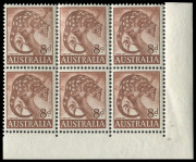 COMMONWEALTH OF AUSTRALIA: Other Pre-Decimals: 1959-64 (SG.317) 8d Tiger Cat Second Master plate varieties comprising "Retouched shading right of animal's head" [Sh.C R9/6] States III & IV ("Typhoon" retouch) both in corner blocks of 6 BW:358(II)sb&sc; al
