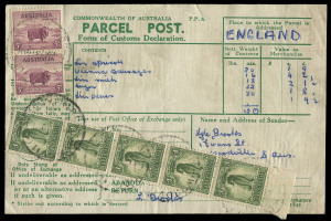 COMMONWEALTH OF AUSTRALIA: Postal History: FOOD PARCEL LABEL: c.1948 complete green/white parcel post label to England with 1/- Small Lyrebird strip of 5 & Ram 5d pair paying the 5/10d rate Food Parcel Scheme rate for parcels weighting up to 11lbs (at 7½