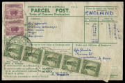 COMMONWEALTH OF AUSTRALIA: Postal History: FOOD PARCEL LABEL: c.1948 complete green/white parcel post label to England with 1/- Small Lyrebird strip of 5 & Ram 5d pair paying the 5/10d rate Food Parcel Scheme rate for parcels weighting up to 11lbs (at 7&frac12;