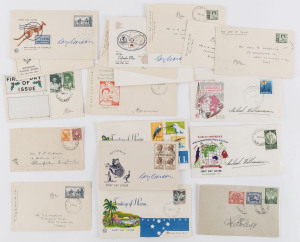 COMMONWEALTH OF AUSTRALIA: First Day & Commemorative Covers: 1937-60 FDCs signed by stamp designer/engraver or other luminaries including 1953 Young Farmers signed by designer Peter Morriss, others signed by Antarctic explorer Phillip Law or by Michael Williamson & Ray Gordon; also Nauru 1963 5d Flower & 1963-65 2d, 1/3d & 3/3d Birds on FDCs both signed by Peter Morriss; condition variable.