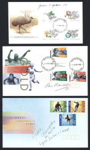 COMMONWEALTH OF AUSTRALIA: First Day & Commemorative Covers: 1970s-2000 FDCs signed by various luminaries including Marlk Oliphant, Ray Honisett, James Gordon VC, Joh Bjelk-Petersen, sport themed covers signed by Ron Barassi (2), swimmer Nicole Livingstone or aerial skier Kirstie Marshall; also 2 presentation folders (2) one for 1991 "Those Who Served" signed by Bruce Ruxton, Dacre Smyth & others, the other folder with two items signed by Nancy Bird; generally very fine. (50 items).