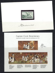 COMMONWEALTH OF AUSTRALIA: Decimal Issues: Mostly decimal issues in multiples, M/Ss or stamp packs signed by the stamp designer or other luminaries in the sheet margins including designer Bruce Wetherhead, and scientist & Antartctic explorer Phillip Law; few pre-decimals including presentation folder for 1958 Christmas 3½d & 4d blocks of 4 signed by designer Donald Cameron alongside a 1987 Replica Card, Norfolk Is 1960-62 10/- Tropic Bird "SPECIMEN" signed beneath by designer Peter Morriss, etc;