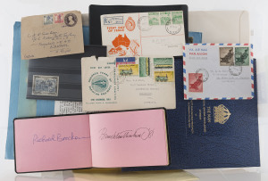 REST OF THE WORLD - General & Miscellaneous Lots: Balance of a consignment with Australia pre-decimal FDCs, Pakistan 1948 3p & 1a provisionals uprating 1½a Stationery Envelope plus 1950s-60s FDCs, autograph book with signatures of mostly stamp designers and prominent philatelists from 1980s-90s era, "The Man" a signed biography of Prince Leonard of Hutt River Province, colour separations for a magazine cover by stamp designer Harry Fallu, etc; lots of useful oddments; mixed condition. Worthy of