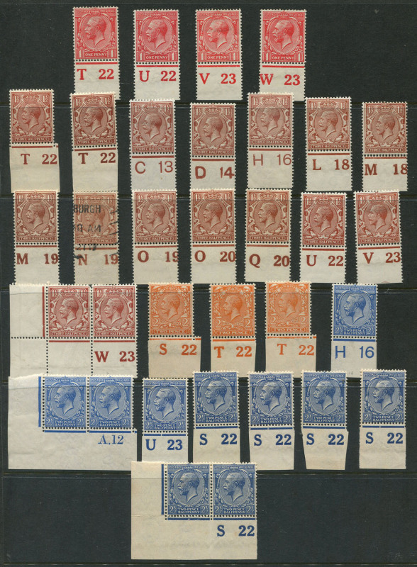 GREAT BRITAIN: 1912-26 KGV Control singles with ½d green (31, one used), 1d red (42) plus two strips of 3, 1½d brown (14, one used) plus a pair, 2d orange (3), 2½d (6) plus two pairs, 3d violet (6) plus strip of 3 (faults), 4d grey-green (7) plus 9d agat