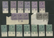 GREAT BRITAIN: 1912-26 KGV Control singles with ½d green (31, one used), 1d red (42) plus two strips of 3, 1½d brown (14, one used) plus a pair, 2d orange (3), 2½d (6) plus two pairs, 3d violet (6) plus strip of 3 (faults), 4d grey-green (7) plus 9d agat - 2