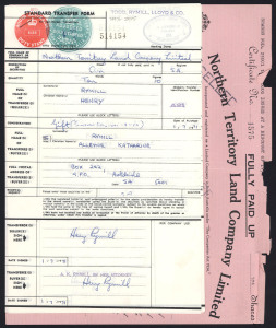 SOUTH AUSTRALIA: Revenues (South Australia) 1960s-70s Share Transfer Forms for the Northern Territory Land Company with embossed stamp duties intact with pre-decimals values 2/-, 4/-, 6/-, 10/-, 20/-, £3-18/- (damaged), Decimals with "Plug in Numerals" 14c, 20c, 28c (2), 30c (9), 56c (4), 80c, $3.60 (2), $4.20, $6 & $12, others with "ADJUSTED/DULY STAMPED' impression in green alongside comprising $1.25 (8), $2 & $2.50; also 'ADJUSTED/NOT CHARGEABLE' in green (30); quite a few of the decimal val