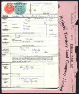 SOUTH AUSTRALIA: Revenues (South Australia) 1960s-70s Share Transfer Forms for the Northern Territory Land Company with embossed stamp duties intact with pre-decimals values 2/-, 4/-, 6/-, 10/-, 20/-, £3-18/- (damaged), Decimals with "Plug in Numerals" 1