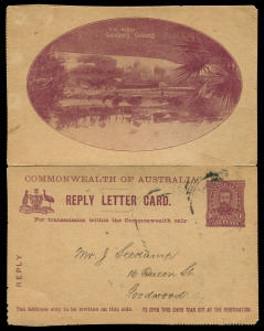 COMMONWEALTH OF AUSTRALIA: Postal Stationery: Reply Lettercards: 1911 1d on 1d on buff card REPLY HALF ONLY showing Queen's Garden Perth BW:LC13c, used with indistinct squared-circle cancel, addressed to Goodwood (SA), Cat $1000. Rare.