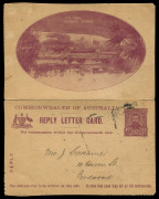 COMMONWEALTH OF AUSTRALIA: Postal Stationery: Reply Lettercards: 1911 1d on 1d on buff card REPLY HALF ONLY showing Queen's Garden Perth BW:LC13c, used with indistinct squared-circle cancel, addressed to Goodwood (SA), Cat $1000. Rare.