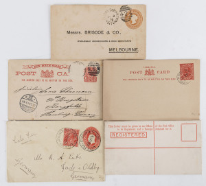 COMMONWEALTH OF AUSTRALIA: Postal Stationery: Collection with 1935 usage KGV 2d Oval Envelope to Germany uprated with KGV 2d for postage and late fee, range of 1950s-60s Aerogrammes commercially used; also States with NSW 1904 use of 1d illustrated "Greetings From" Postal Card (Mossman's Bay, Sydney Harbour) to Germany (stamp removed), Victoria including 1892 use of 1d Envelope PTPO for user Briscoe & Co, Tasmania KEVII 1d Postal Card CTO, etc, condition variable. (39 items)