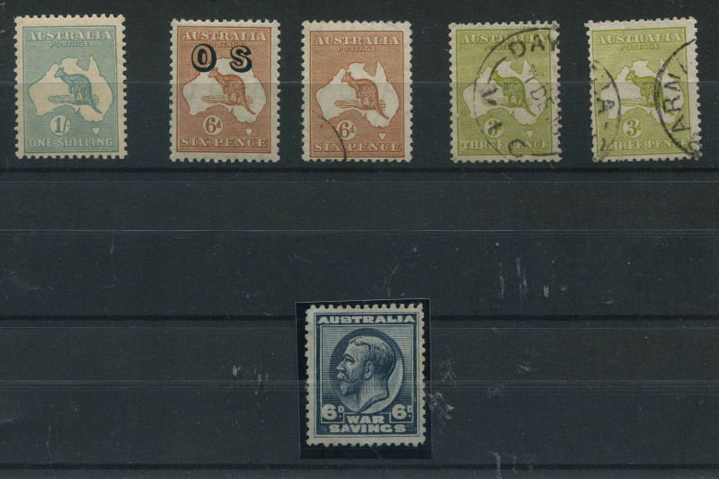 COMMONWEALTH OF AUSTRALIA: General & Miscellaneous: 1916-1940s Selection with Roos Third Wmk 3d olive Die I & Die II used, SMult 1/- mildly toned gum MUH, CofA 6d VFU and optd OS MUH, KGV 6d War Savings Stamp fine unused; few other oddment including 1946