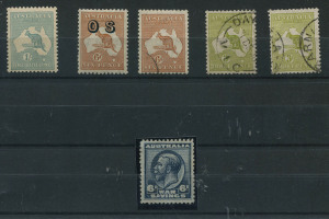 COMMONWEALTH OF AUSTRALIA: General & Miscellaneous: 1916-1940s Selection with Roos Third Wmk 3d olive Die I & Die II used, SMult 1/- mildly toned gum MUH, CofA 6d VFU and optd OS MUH, KGV 6d War Savings Stamp fine unused; few other oddment including 1946 3/8d franking on piece, 1946-67 Australia used at Higaturu PNG on pieces (2), etc. (14 items)