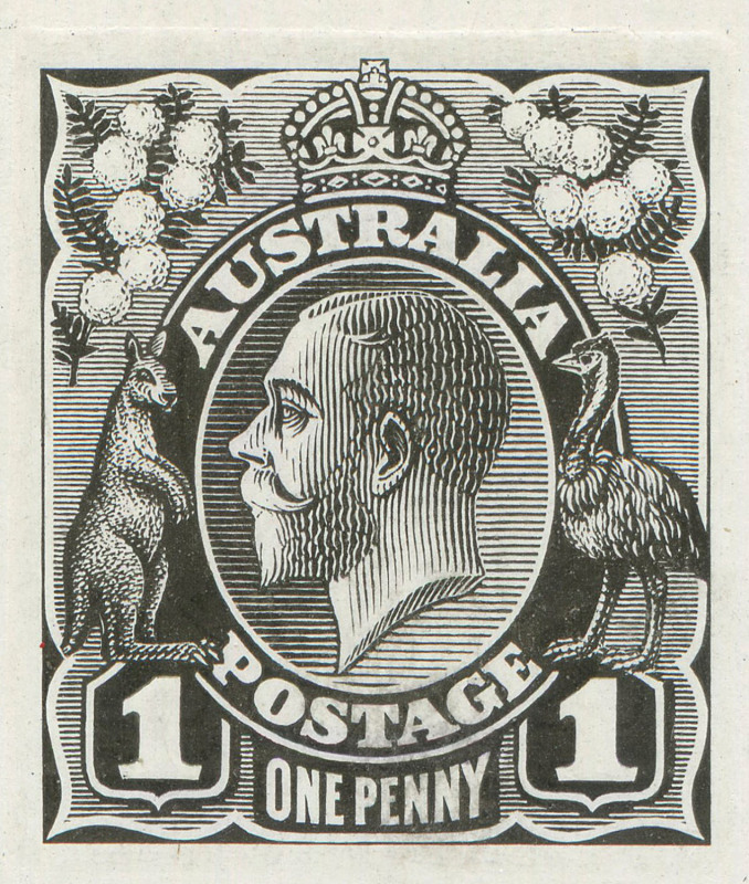 COMMONWEALTH OF AUSTRALIA: KGV Essays & Proofs: PERKINS BACON DIE PROOFS: State 2 with King's Head on a Line Background, King's nose improved and the hair lightened, on highly glazed thin card (125x94mm) without endorsements on the face, vertical crease w