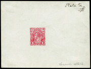 COMMONWEALTH OF AUSTRALIA: KGV Essays & Proofs: PERKINS BACON DIE PROOFS: State 2 in carmine-rose on highly glazed thin card (126x95mm), endorsed at upper-right "State 2/SB" (for Seymour Bennett) and at lower-right "Second state", on reverse "PERKINS BACO - 2