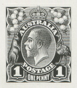 COMMONWEALTH OF AUSTRALIA: KGV Essays & Proofs: PERKINS BACON DIE PROOFS: State 3 with King's nose now straightened and the lined background slightly modified, in black on highly glazed thin card (126x95mm), without endorsements. Only eight examples in th