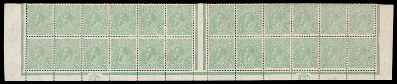 COMMONWEALTH OF AUSTRALIA: KGV Heads - Large Multiple Watermark: ½d Green Electro 4 'CA - CA' Monogram block of 24 (12x2), the left-hand 'CA' substituted for 'JBC', extensive perf reinforcements and somewhat aged, well centred BW:65(4)zf - Cat $3500+.