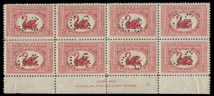 COMMONWEALTH OF AUSTRALIA: Other Pre-Decimals: 1929 (SG.O120) 1½d WA Centenary perforated 'OS' mostly mint selection comprising Plate 2 corner block of 20 (5x4) & single, Plate 4 corner block of 4; also an Ash imprint block of 8 (4x2), a piece of "blanket" with fifteen 'OS' punctures, and 1929 (Nov 4) letter to House of Representatives member advising of his allocation of a sheet of 'OS' punctured stamps, plus three lesser items; many units are MUH. (9 items)