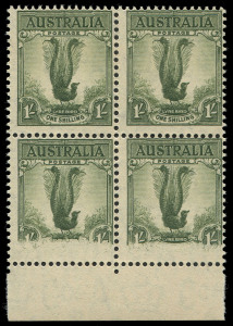 COMMONWEALTH OF AUSTRALIA: Other Pre-Decimals: 1937-49 (SG.192) 1/- Lyrebird Perf 15x14 marginal block of 4 from the base of the pane with printing error "Printing partially missing at base of the lower two units with 'ONE SHILLING' missing from both units", fresh MUH. Spectacular flaw, not seen by us before. Ceremuga Certificate (2016) states "Extremely rare."