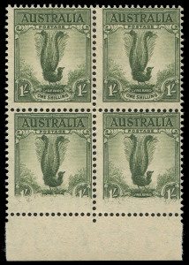 COMMONWEALTH OF AUSTRALIA: Other Pre-Decimals: 1937-49 (SG.192) 1/- Lyrebird Perf 15x14 marginal block of 4 from the base of the pane with printing error "Printing partially missing at base of the lower two units with 'ONE SHILLING' missing from both unit