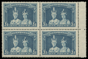 COMMONWEALTH OF AUSTRALIA: Other Pre-Decimals: 1937-49 (SG.176a-178a) 5/- to £1 Robes Thin Paper in marginal blocks of 4, trivial tone on 10/-, fresh MUH and scarce thus, BW:213,215&217 - Cat.$1000+.