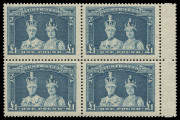 COMMONWEALTH OF AUSTRALIA: Other Pre-Decimals: 1937-49 (SG.176a-178a) 5/- to &pound;1 Robes Thin Paper in marginal blocks of 4, trivial tone on 10/-, fresh MUH and scarce thus, BW:213,215&217 - Cat.$1000+.