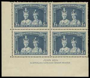 COMMONWEALTH OF AUSTRALIA: Other Pre-Decimals: 1937-49 (SG.176-178) 5/- to £1 Robes Thick Paper Ash Imprint blocks of 4, mild gum toning and some faint colour transfer on gum, lower units MUH, BW:212,214&216 - Cat.$925+.