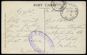 COMMONWEALTH OF AUSTRALIA: Postal History - World War I - Military: HOSPITAL SHIPS: 1916 (Nov.2) PPC to sent from Alexandria to England with complete strike of Emery Type CA.66 "H.M.H.S./WARILDA" large oval cachet in violet; also 1917 (May 1) PPC sent fro