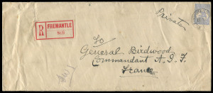 COMMONWEALTH OF AUSTRALIA: Kangaroos - Third Watermark: 1917 (March 10) solo usage of 6d Blue Die II tied by Fremantle datestamp to large (260x110mm) registered cover endorsed "Private" addressed to "General Birdwood/Commandant A.I.F./France", red/white registration label, manuscript "HWI" applied at AIF Base PO in London (Apr 22 transit backstamp) for redirection to Ist Australian Corps with "FPO/H.C.I" Apr 24 arrival backstamp.