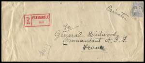 COMMONWEALTH OF AUSTRALIA: Kangaroos - Third Watermark: 1917 (March 10) solo usage of 6d Blue Die II tied by Fremantle datestamp to large (260x110mm) registered cover endorsed "Private" addressed to "General Birdwood/Commandant A.I.F./France", red/white r
